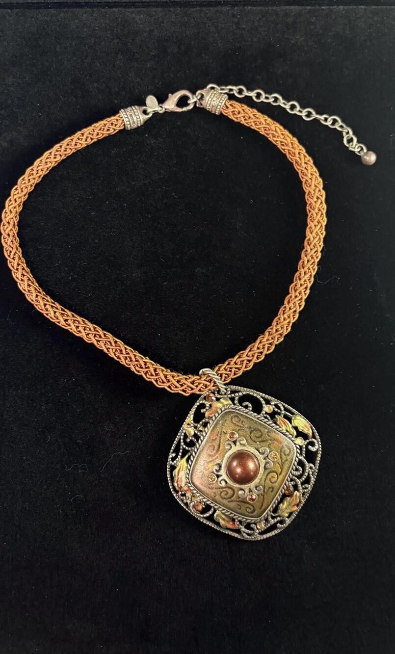Vintage Chico's Signed Pendant Necklace Mixed Metal Leather Cord Boho 2.25"